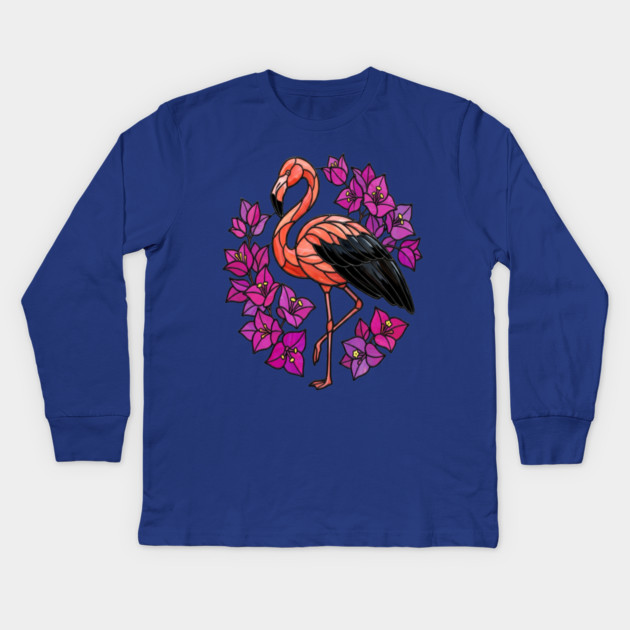 Stained Glass Flamingo with Pink Floral Art Kids Long Sleeve T-Shirt by BirdsnStuff