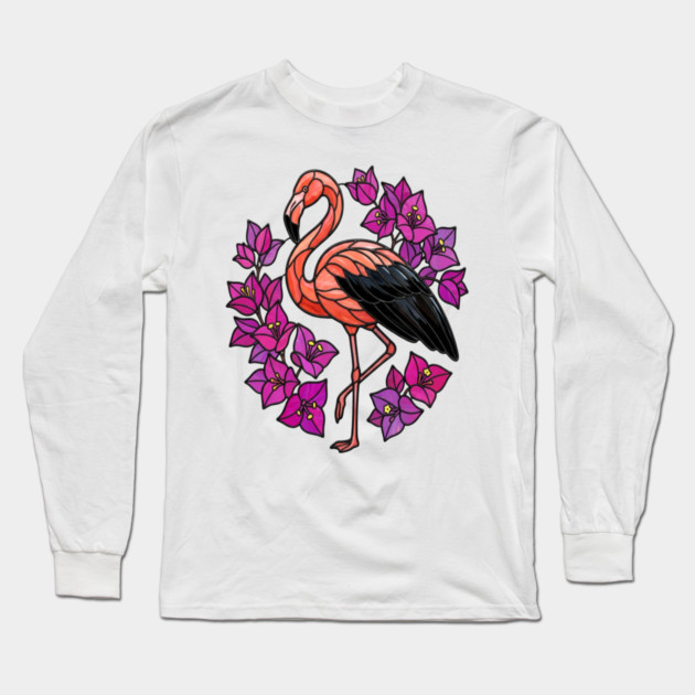 Stained Glass Flamingo with Pink Floral Art Long Sleeve T-Shirt by BirdsnStuff
