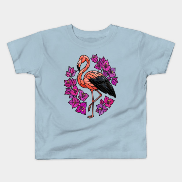Stained Glass Flamingo with Pink Floral Art Kids T-Shirt by BirdsnStuff