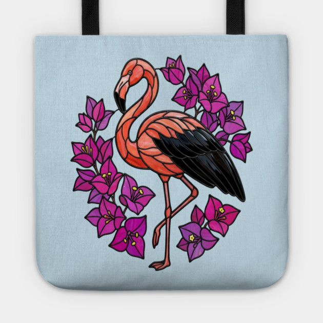 Stained Glass Flamingo with Pink Floral Art Tote by BirdsnStuff