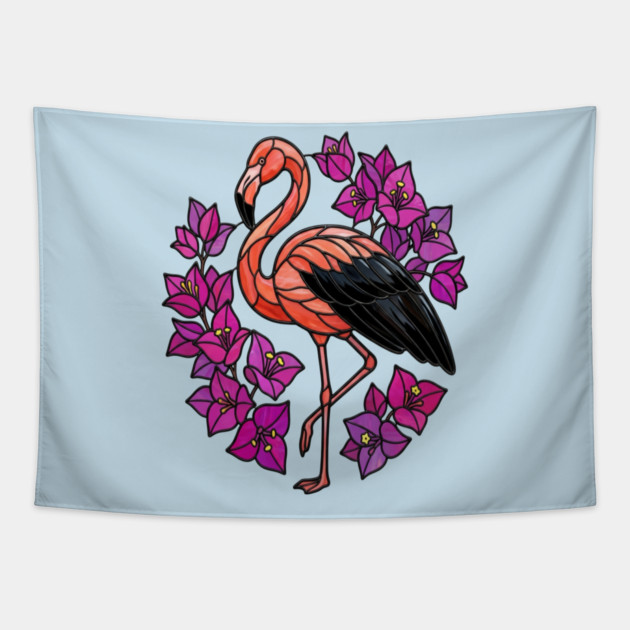 Stained Glass Flamingo with Pink Floral Art Tapestry by BirdsnStuff