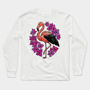 Stained Glass Flamingo with Pink Floral Art Long Sleeve T-Shirt