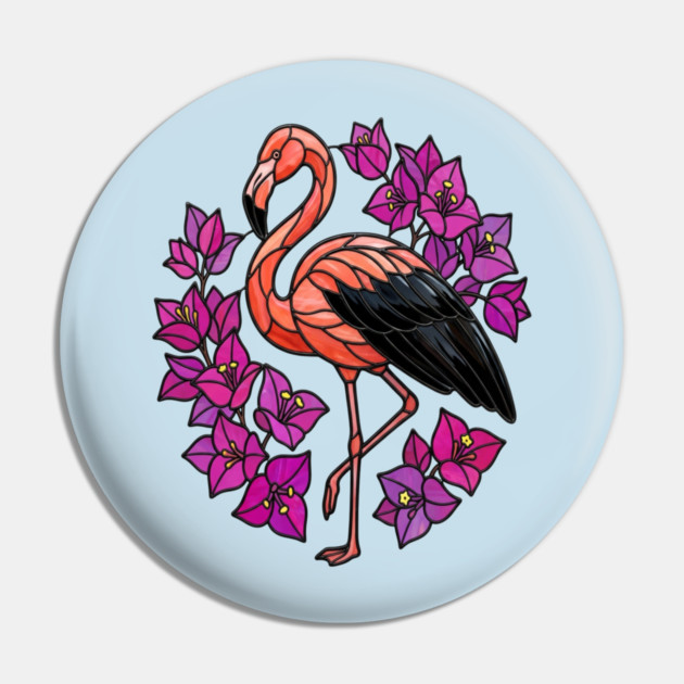 Stained Glass Flamingo with Pink Floral Art Pin by BirdsnStuff