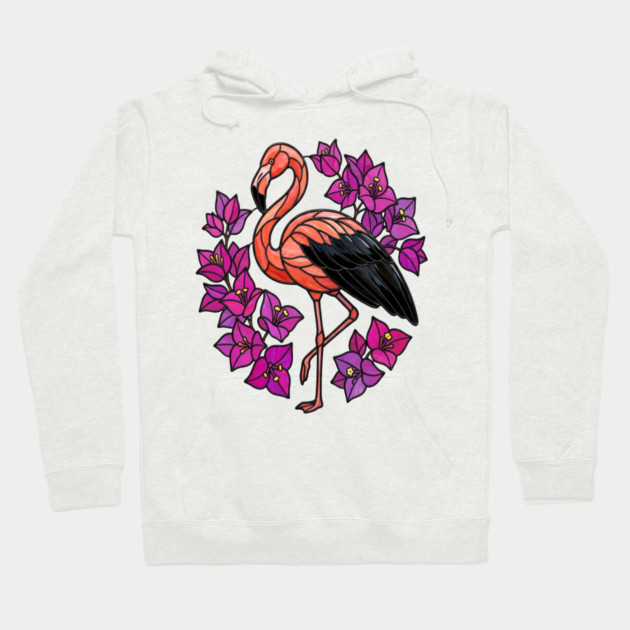 Stained Glass Flamingo with Pink Floral Art Hoodie by BirdsnStuff