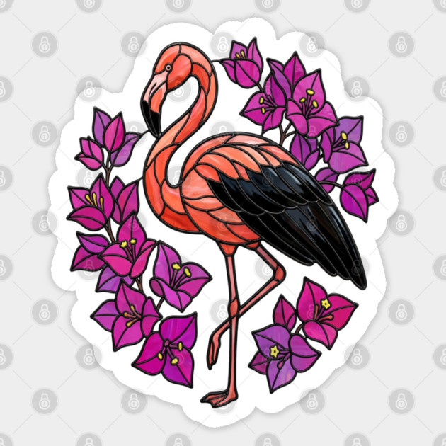 Stained Glass Flamingo with Pink Floral Art Sticker by BirdsnStuff