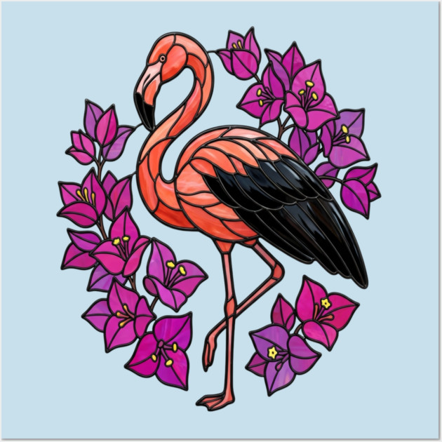 Stained Glass Flamingo with Pink Floral Art Wall Art by BirdsnStuff