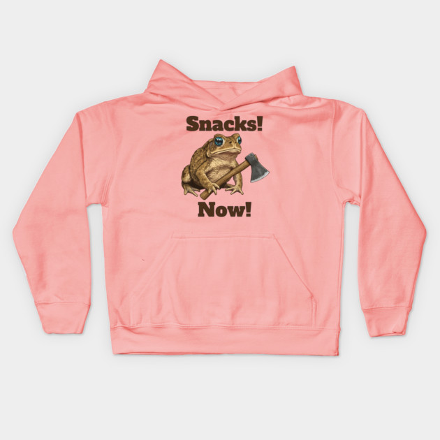 Toad with hatchet demands "Snacks! Now!" funny design Kids Hoodie by Luxinda