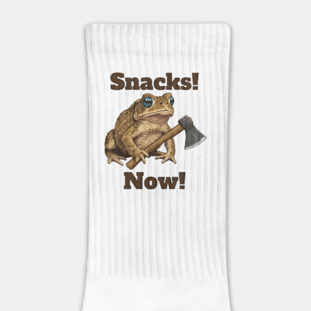 Toad with hatchet demands "Snacks! Now!" funny design by Luxinda