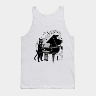 Classy Jazz Black Cat Playing Grand Piano in Tuxedo Tank Top
