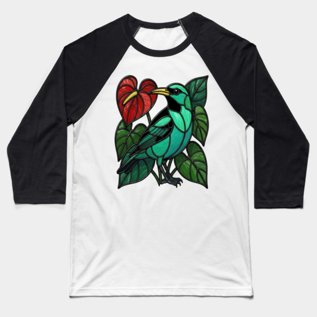 Stained Glass Green Honeycreeper Tropical Bird Art Baseball T-Shirt by BirdsnStuff