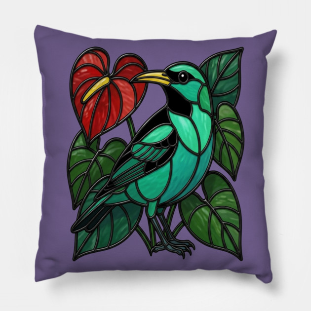Stained Glass Green Honeycreeper Tropical Bird Art Pillow by BirdsnStuff