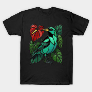 Stained Glass Green Honeycreeper Tropical Bird Art T-Shirt