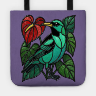 Stained Glass Green Honeycreeper Tropical Bird Art Tote