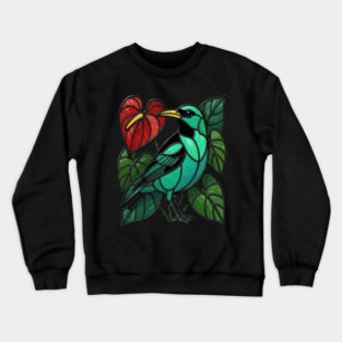 Stained Glass Green Honeycreeper Tropical Bird Art Crewneck Sweatshirt