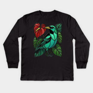 Stained Glass Green Honeycreeper Tropical Bird Art Kids Long Sleeve T-Shirt