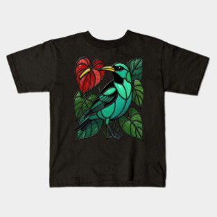 Stained Glass Green Honeycreeper Tropical Bird Art Kids T-Shirt
