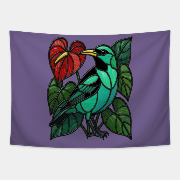 Stained Glass Green Honeycreeper Tropical Bird Art Tapestry by BirdsnStuff