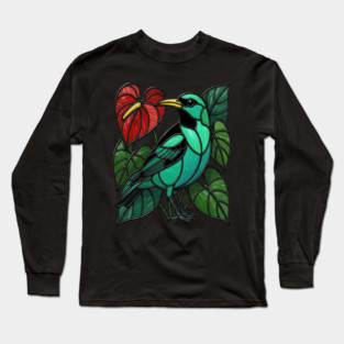 Stained Glass Green Honeycreeper Tropical Bird Art Long Sleeve T-Shirt