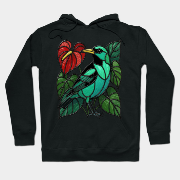 Stained Glass Green Honeycreeper Tropical Bird Art Hoodie by BirdsnStuff