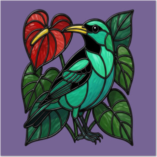 Stained Glass Green Honeycreeper Tropical Bird Art Posters and Art