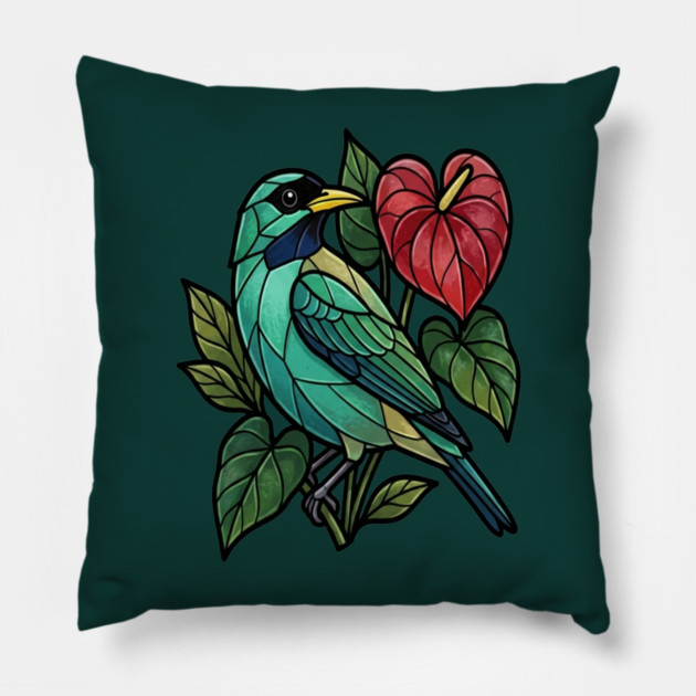 Stained Glass Honeycreeper with Red Anthurium Pillow by BirdsnStuff
