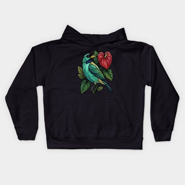 Stained Glass Honeycreeper with Red Anthurium Kids Hoodie by BirdsnStuff