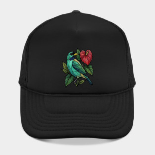 Stained Glass Honeycreeper with Red Anthurium Hat