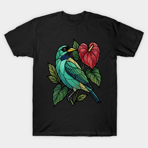 Stained Glass Honeycreeper with Red Anthurium T-Shirt by BirdsnStuff
