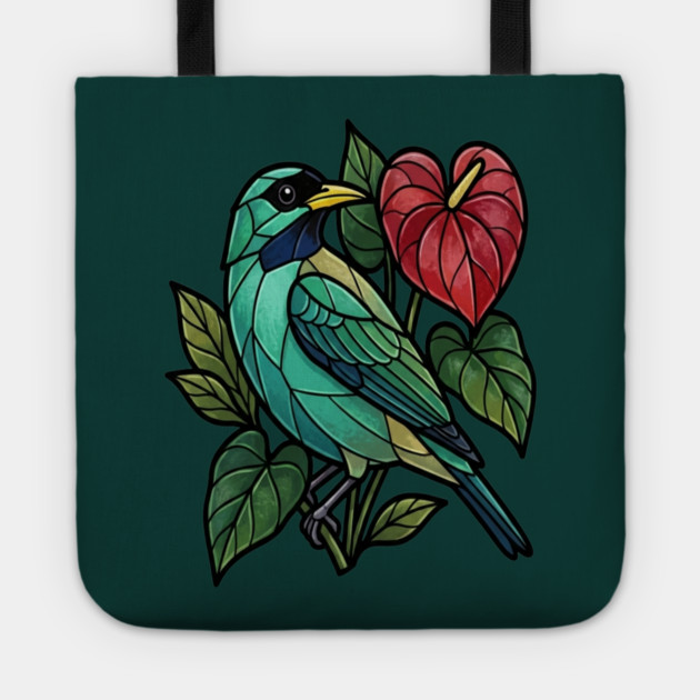 Stained Glass Honeycreeper with Red Anthurium Tote by BirdsnStuff