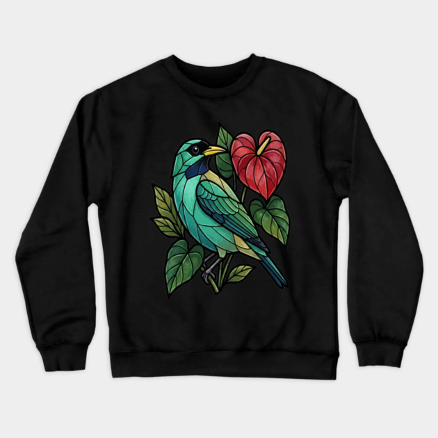 Stained Glass Honeycreeper with Red Anthurium Crewneck Sweatshirt by BirdsnStuff