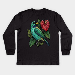 Stained Glass Honeycreeper with Red Anthurium Kids Long Sleeve T-Shirt