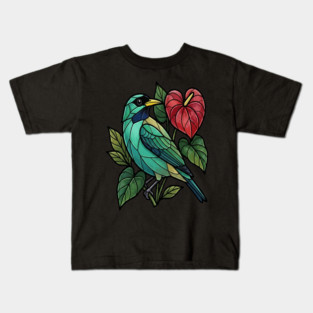Stained Glass Honeycreeper with Red Anthurium Kids T-Shirt