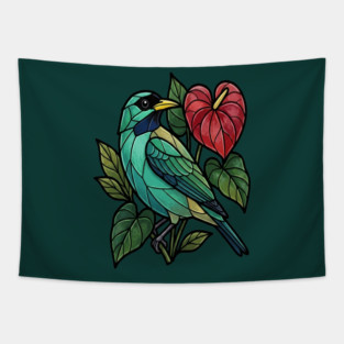 Stained Glass Honeycreeper with Red Anthurium Tapestry