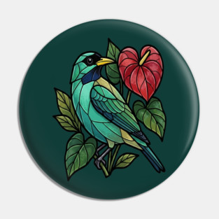 Stained Glass Honeycreeper with Red Anthurium Pin