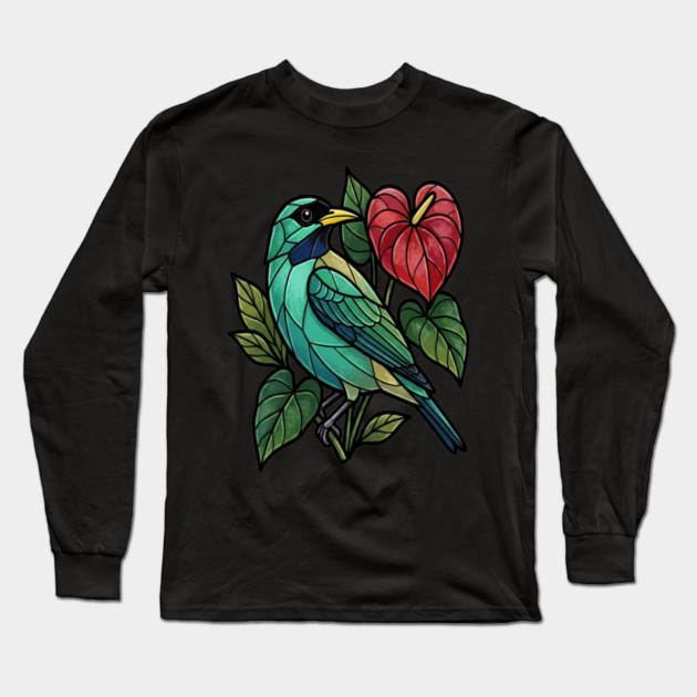 Stained Glass Honeycreeper with Red Anthurium Long Sleeve T-Shirt by BirdsnStuff