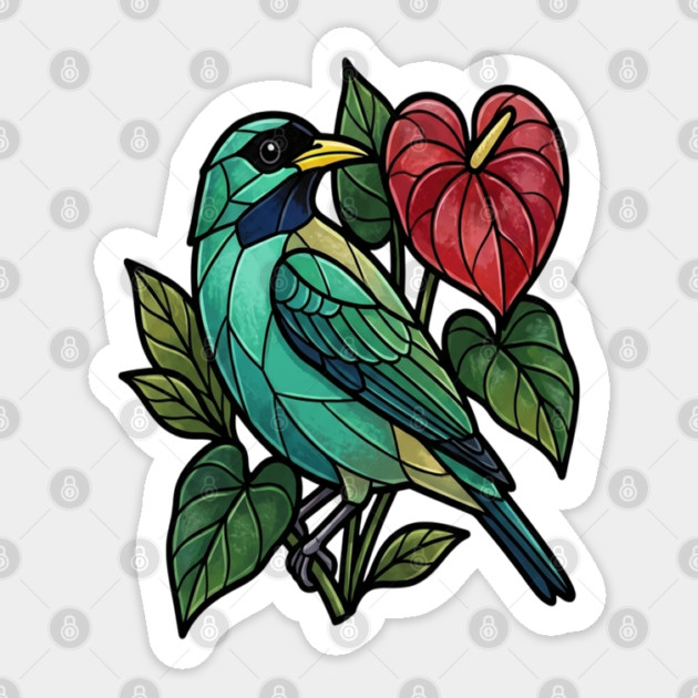 Stained Glass Honeycreeper with Red Anthurium Sticker by BirdsnStuff