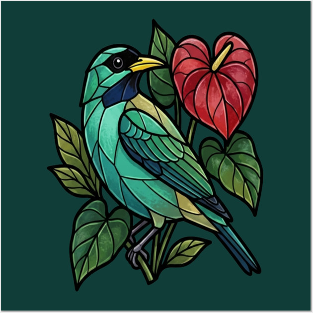 Stained Glass Honeycreeper with Red Anthurium Wall Art by BirdsnStuff