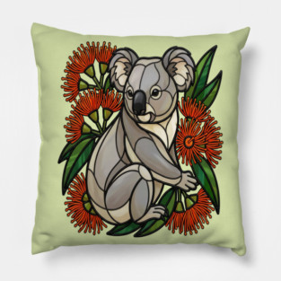 Stained Glass Koala with Red Bottlebrush Art Pillow