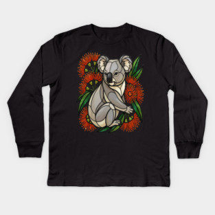 Stained Glass Koala with Red Bottlebrush Art Kids Long Sleeve T-Shirt