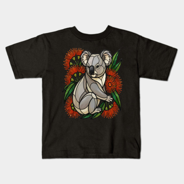 Stained Glass Koala with Red Bottlebrush Art Kids T-Shirt by BirdsnStuff