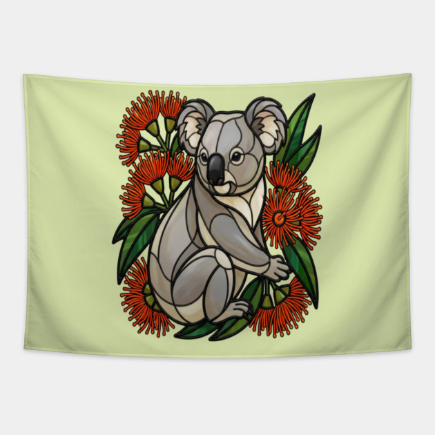 Stained Glass Koala with Red Bottlebrush Art Tapestry by BirdsnStuff