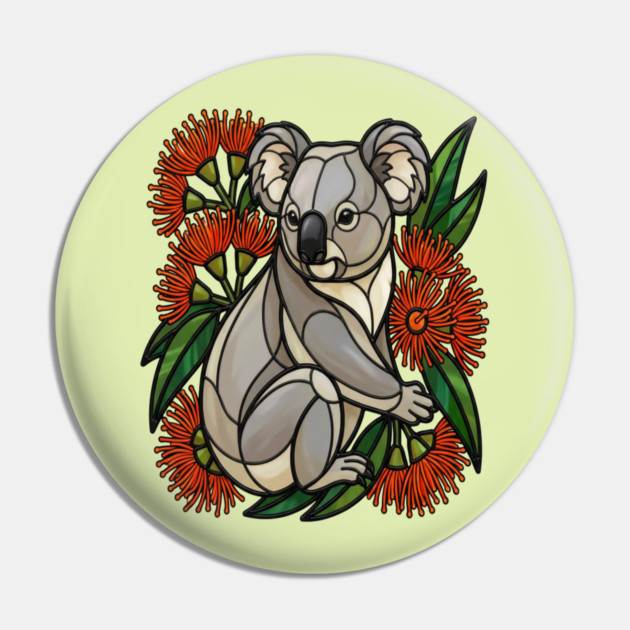 Stained Glass Koala with Red Bottlebrush Art Pin by BirdsnStuff