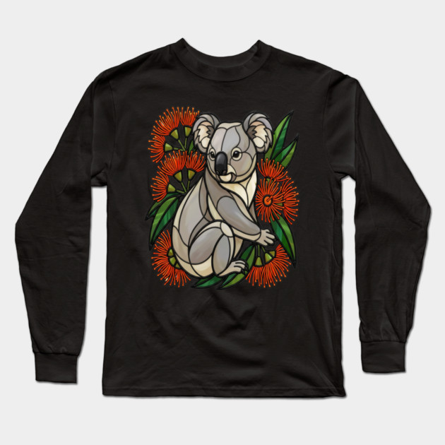 Stained Glass Koala with Red Bottlebrush Art Long Sleeve T-Shirt by BirdsnStuff