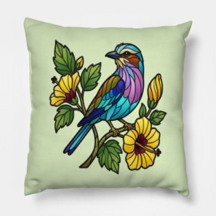 Stained Glass Lilac Breasted Roller Bird Art Pillow