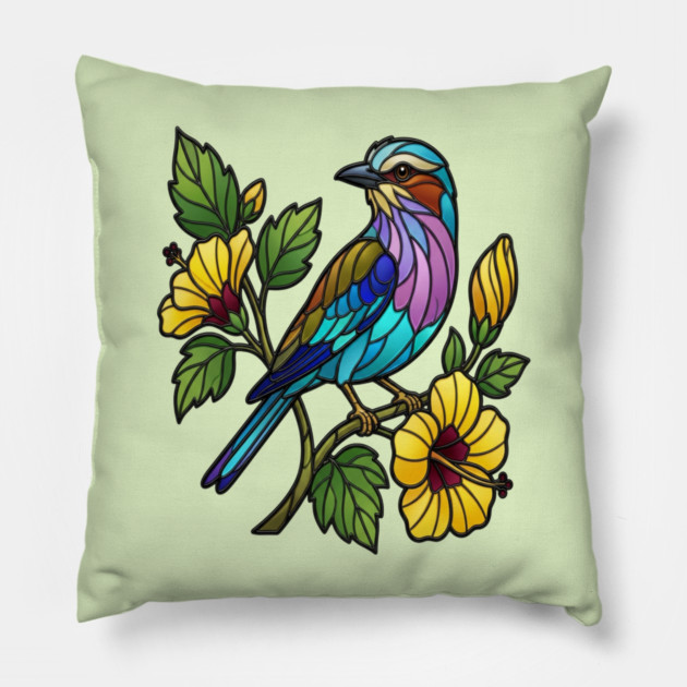 Stained Glass Lilac Breasted Roller Bird Art Pillow by BirdsnStuff