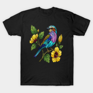 Stained Glass Lilac Breasted Roller Bird Art T-Shirt