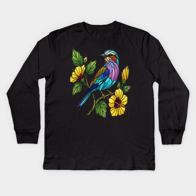 Stained Glass Lilac Breasted Roller Bird Art Kids Long Sleeve T-Shirt by BirdsnStuff