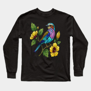 Stained Glass Lilac Breasted Roller Bird Art Long Sleeve T-Shirt