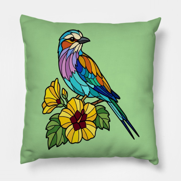 Stained Glass Lilac Breasted Roller Floral Art Pillow by BirdsnStuff