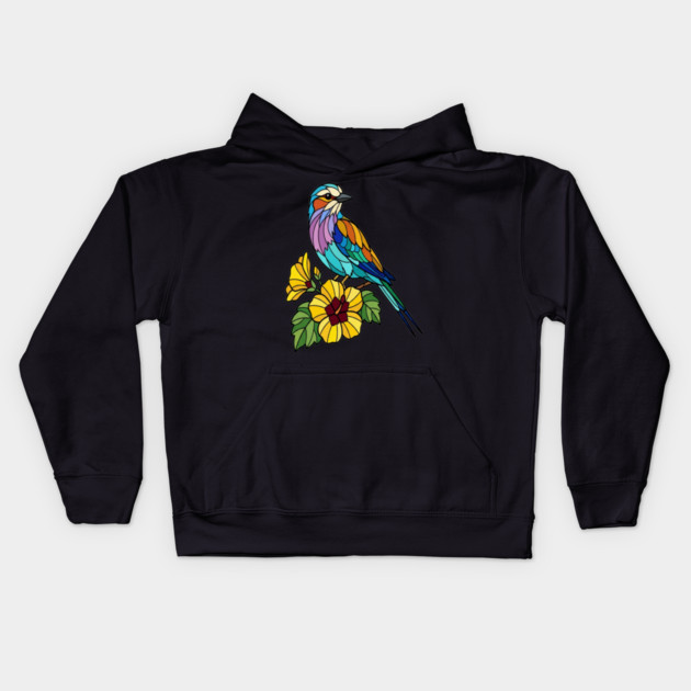 Stained Glass Lilac Breasted Roller Floral Art Kids Hoodie by BirdsnStuff